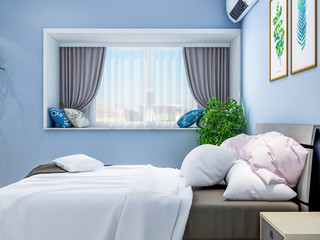Modern bedroom with light blue walls with double bed, table, TV, wardrobe and greenery