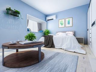 Modern bedroom with light blue walls with double bed, table, TV, wardrobe and greenery