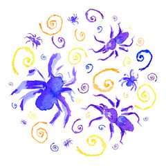 Watercolor circle illustration of violet spider to Halloween. Frame or composition of objects
