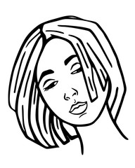 Woman portrait in backlight. Modern girl coloring. Vector logo hipster style. Template for card, poster. banner, print for t-shirt, pin, badge, patch. Black and white illustration of a girls head in