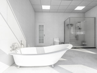 Naklejka na ściany i meble Spacious bathroom with partition shower, bathtub, toilet and sink, mirror, etc.