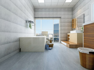 Modern bathroom design with bathtub and vanity in a spacious and bright room