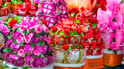 Phan Thiet, Vietnam - September 27th, 2018: The gift package tea, mooncakes, ornate items are sold in the market and serve the needs of the wedding ceremonies in Phan Thiet, Vietnam
