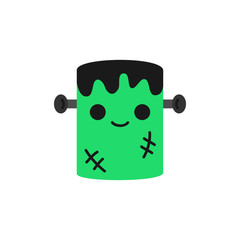 Cute hand drawn spooky frankenstein monster vector illustration. Halloween green zombie with black hair, scars and grey nails in head, isolated.