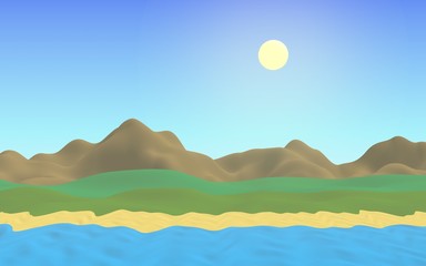 Sun Sea Beach. Noon. Ocean shore line with waves on a beach. Island beach paradise with waves. Vacation, summer, relaxation. Seascape, seashore. Minimalist landscape, primitivism. 3D illustration