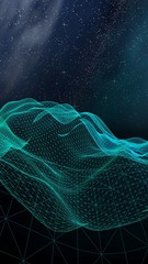 Abstract landscape on a dark background. Star horizon. Cyberspace grid. Hi-tech network. Outer space. Starry outer space texture. 3D illustration