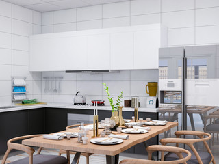 Modern kitchen and dining room design renderings, solid wood dining table, cabinets, refrigerator, etc. in a spacious kitchen, separated from the living room by a glass door