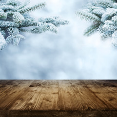 Old rustic wooden table in winter