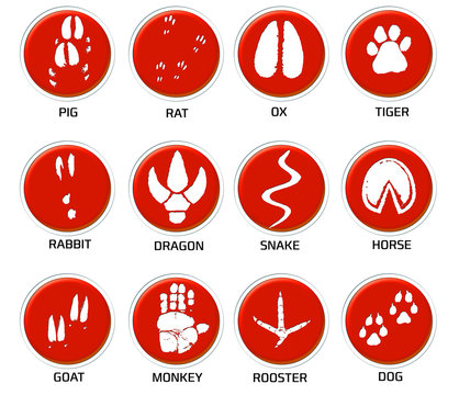 Chinese zodiac signs icons set on blue round background.   Footprints of rat, mouse, snake, dragon, pig, rooster, rabbit, horse, monkey, dog, tiger, ox, bull. Illustration