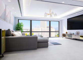 Spacious modern living room with sofa and green plants