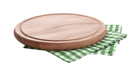 Pizza board, with napkin isolated. Top view mockup