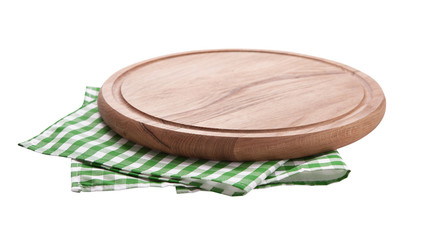 Pizza board, with napkin isolated. Top view mockup