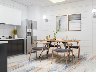 Modern kitchen and dining room design renderings, solid wood dining table, cabinets, refrigerator, etc. in a spacious kitchen, separated from the living room by a glass door