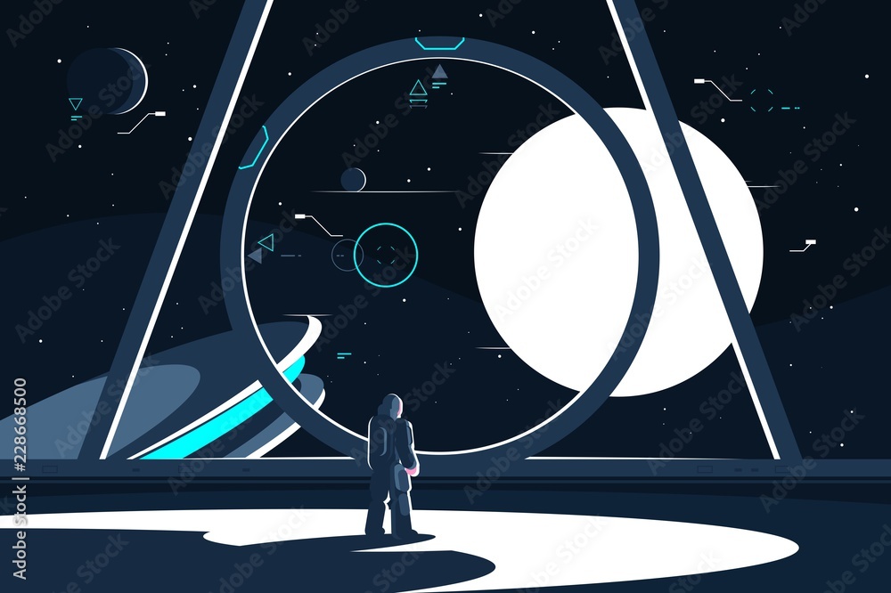 Wall mural spacesuit astronaut in spaceship looking at moon.