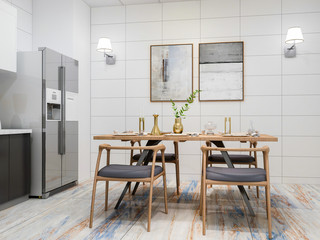 Modern kitchen and dining room design renderings, solid wood dining table, cabinets, refrigerator, etc. in a spacious kitchen, separated from the living room by a glass door