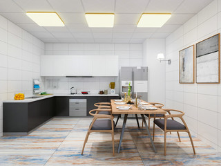 Modern kitchen and dining room design renderings, solid wood dining table, cabinets, refrigerator, etc. in a spacious kitchen, separated from the living room by a glass door