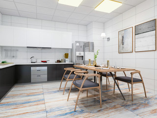 Modern kitchen and dining room design renderings, solid wood dining table, cabinets, refrigerator, etc. in a spacious kitchen, separated from the living room by a glass door