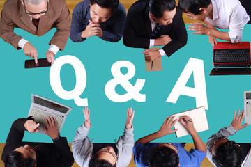 Q & A, Questions and Answers. Motivational internet business words quotes lettering typography concept. Composite image, one person recomposed as many