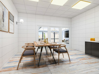 Modern kitchen and dining room design renderings, solid wood dining table, cabinets, refrigerator, etc. in a spacious kitchen, separated from the living room by a glass door