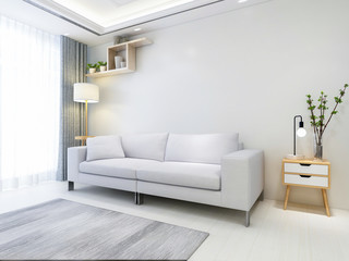 Cloth sofa, bedside table, green plants and floor lamp in modern living room