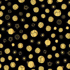 Gold foil space planets seamless vector pattern background. Golden hand drawn cosmic elements planets stars on black backdrop. For school supplies, kids decor, gift wrap, birthday, Christmas New Year © StockArtRoom