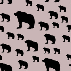 Naklejka premium Seamless pale pink pattern with black bear silhouettes. Stylish endless design with various animals figures for fabric, textile, furniture, furnishing, interior, prints, covers. Wildlife animals,fauna