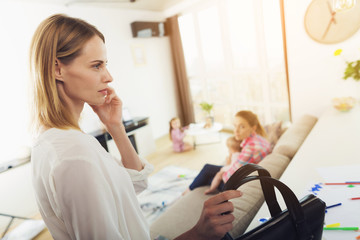 Businesswoman Mom Talking Phone in Living Room