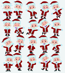 Cartoon character Santa Claus. Set with different postures, attitudes and poses, doing different activities in isolated vector illustrations.