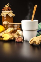 Treatment of influenza and colds. Traditional medicine. Ginger tea. Hot drink. Medicinal plants. Home pharmacy.