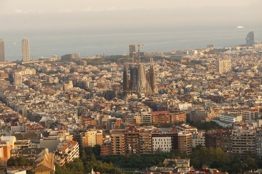 Bird's eye view on Barcelona with Sagrada Familia, Catalonia, Spain.