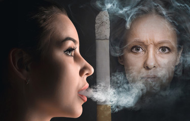 Concept - harm from smoking. Collage about aging of young woman from cigarette. Comparison....