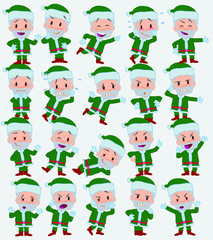 Cartoon character Green Santa Claus. Set with different postures, attitudes and poses, doing different activities in isolated vector illustrations.