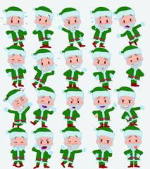 Cartoon character Green Santa Claus. Set with different postures, attitudes and poses, doing different activities in isolated vector illustrations.