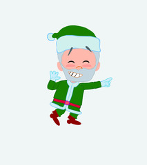 Green Santa Claus pointing to something funny on his left.