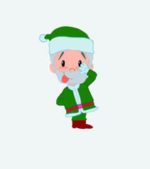 Green Santa Claus sticks out his tongue in gesture of funny shyness.