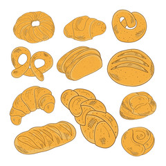 Bakery products. Bun, bread, kalach, kroasan. Set, sketch
