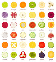 Sliced fruits and vegetables. Set of different vector food in a cut. Top view.