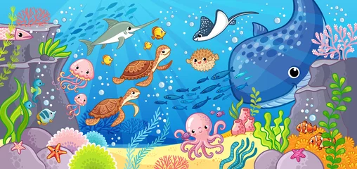 Photo sur Aluminium Chambre denfants Animaux de dessin animé mignon sous l& 39 eau. Illustration vectorielle sur un thème de la mer.