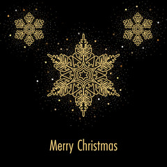 Fototapeta premium Illustration of christmas greeting card or invitation with decorative snowflakes and golden confetti on black background