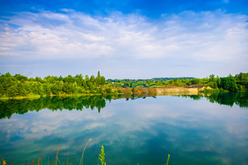 Blue basalt lake lake. Landscape.