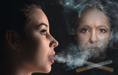 Concept - harm from smoking. Collage about aging of young woman from cigarette. Comparison. Portrait of beautiful girl with problem and clean skin. The healthy lifestyle concept