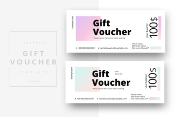 Abstract gift voucher card template. Modern discount coupon or certificate layout with geometric shape pattern. Vector fashion bright background design with information sample text.