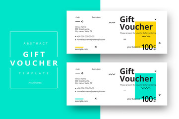 Abstract gift voucher card template. Modern discount coupon or certificate layout with geometric shape pattern. Vector fashion bright background design with information sample text.
