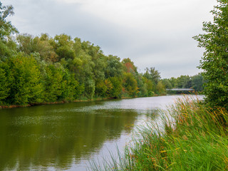 Fototapeta na wymiar Autumn landscape of river and trees. Riverside landscape.