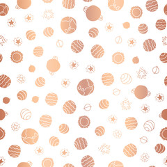 Copper foil space planets seamless vector pattern background. Rose Golden hand drawn cosmic elements planets star on white backdrop. For school, kids decor, gift wrap, girl birthday, New Year, banner © StockArtRoom