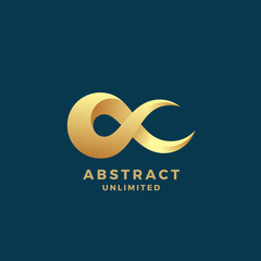 Abstract Vector Infinity Sign, Emblem or Logo Template. Creative Golden Symbol on a Premium Blue Background