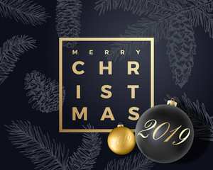 Merry Christmas Abstract Vector Greeting Card, Poster or Holiday Background. Black and Gold Colors, Glitter and Modern Typography. Xmas Balls with Soft Shadows and Sketch Background