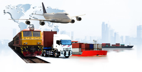 Obraz na płótnie Canvas Transportation, import-export and logistics concept, container truck, ship in port and freight cargo plane in transport and import-export commercial logistic, shipping business industry