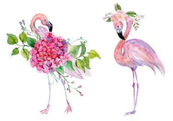 Watercolor pink flamingo and tropical flowers.