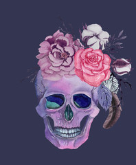 Watercolor skull with flowers. Hand drawn illustration for halloween.